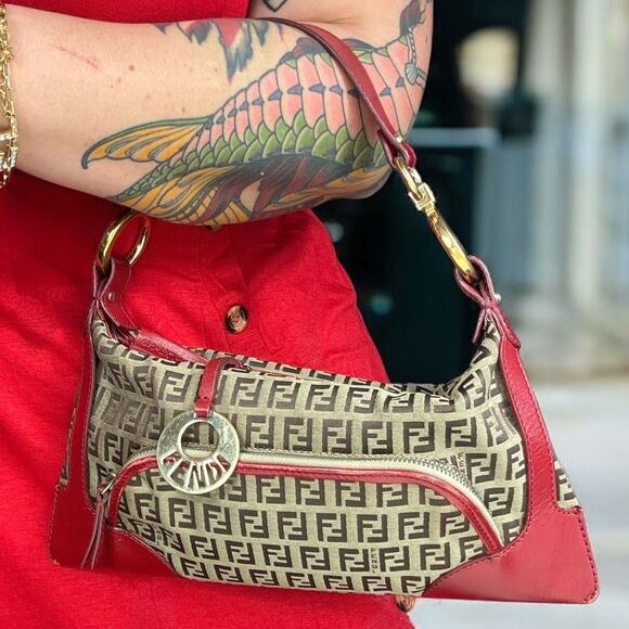 Fendi Handbags - 💎✨BEAUTIFUL✨💎Authentic Fendi Zucchino Canvas Leather Red and Brown